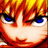 Pixelated close-up of a character's face with fiery orange and yellow hair, blue eyes, and a neutral expression.