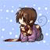 Pixelated character with brown hair and purple clothing sits against a light blue background with white speckles.