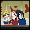 Four- animation of three anime characters with exaggerated grins, yellow-haired character in orange and blue clothing on left, pink-haired character in red top center, black-haired character in dark blue shirt right