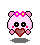 Pixelated pink character with black eyes, pink cheeks, and a brown heart-shaped mouth holding a pink bow with yellow centers.