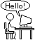Pixelated stick figure at desk with computer, speech bubble saying "Hello!" in four of four, with one figure missing in bottom-right corner