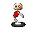 Pixelated character in red shirt and white pants on black base, shown from four angles with varying arm positions.