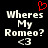 Black background with white pixelated text 'Wheres My Romeo?' and '<3', red heart symbol above left text.