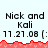 Pixelated text displays 'Nick and Kali' with date '11.21.08' beneath red wave-like pattern on light background.