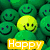 Pixelated green smiley faces fill the background, with two yellow smiley faces in the foreground above blue and pink Easter eggs on grass, labeled 'Happy' and 'Easter' in colored text boxes.