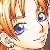 Pixelated close-up of a character's face with blue eyes, orange hair, and a neutral expression against a light background.