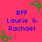 A static image with a bright pink background displays four identical blue text blocks reading "BFF Laurie & Rachael" surrounded by green pixelated square patterns.