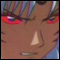Close-up of a stylized face with multicolored hair, red eyeshadow, and a neutral expression on a pixelated background.