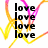 Four show sequential animation of a stylized 'Y' shape with yellow and pink lines, each containing four vertical instances of the word 'love' in black text