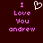 Dark red background with pink pixelated text reading "I Love You andrew" on both sides of a white heart symbol.