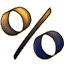 A static percentage symbol with gradient-filled circular segments and a diagonal slash on a gray background.