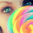 Pixelated image of a person's eye and rainbow lollipop with cyan background and pink text reading 'take me to the candy shop' and 'LOLLIPOP SICKLE!!!'
