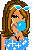 Pixel art icon of a cartoon woman with brown hair wearing blue sunglasses and a blue dress with white crosses, blowing a large blue bubblegum bubble.