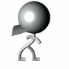 Gray spherical-headed figure with stick limbs performing walking animation while holding a dark triangular object, viewed from multiple angles in a