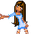Pixel art of a woman with long brown hair in a blue dress extending her arm, next to light blue text reading 'ice' and 'cold' on white background.
