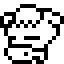 Two black-and-white pixelated icons depict a character with blocky features, one showing the front view and the other side view.
