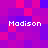Pixelated of purple and pink squares with four instances of the text 'Madison' in white pixel font