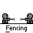 Two pixelated figures in gray suits holding red-and-blue striped objects, with text "Fencing" below each pair.
