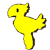 Three yellow bird-like figures with black eyes and brown outlines in different poses against a gray background.