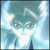 Animated sequence of a character with spiky light blue hair and glowing eyes, showing subtle facial expression shifts against a bright blue background.