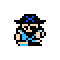 Pixel art character with black hat, blue X on front, blue top, black pants, and light skin, shown in two poses against gray background.