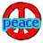 peace symbol icons with text overlays and color variations, including red 'peace', green 'on', and rainbow 'earth' designs