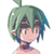 Pixelated anime-style character head with green and blue hair, visible facial features including eyes and mouth, and a small ear detail on the left side.