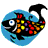 Pixelated fish with black body, white eye, and multicolored spots on blue circular background.