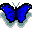 Pixelated blue butterfly with black outlines and light gray accents on wings, two antennae per wing pair.