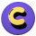 Purple circular background with yellow and black stylized C-shaped symbol in three distinct poses