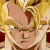 Pixelated anime-style character with spiky blonde hair and stern expression, wearing red shoulder armor against a yellow background.