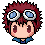 Pixel art character with spiky red hair and goggles, wearing blue clothing, shown in four expressions: wide eyes, closed eyes, squinting, and smiling.