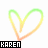Rainbow gradient heart outline transitions from single loop to intertwined loops with pink and orange segments, each labeled 'KAREN' in black text.