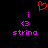 Red pixelated heart shape above two identical purple pixelated text blocks reading 'i <3 string' on black background.