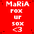 Red background with repeated white text 'MaRiA FOX UR 50X <3' arranged in a pattern, with a gray square in the bottom-right corner