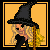 Pixel art contact sheet showing six frames of a witch-themed animated icon with orange background and black borders, featuring a blonde character in various poses with broomstick and pumpkin props.