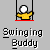 Pixelated yellow figure on swing with white circular head, red swing seat, black swing supports, and "Swinging Buddy" text below.