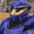 A 6-frame animated contact sheet of a blue-armored video game character with glowing visor, displayed in a 3x2 grid on a gray background.