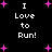 Black background with white text "I Love to Run!" repeated four times in a , surrounded by pink plus signs and stars