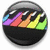 A spherical black object with rainbow stripes on its upper half, two pixelated dinosaurs facing each other with heart-shaped thought bubbles above their heads.