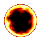 Five circular icons with fiery orange-yellow borders and dark centers arranged in two on a gray background