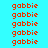 red pixelated 'gobbie' text on a cyan background with scattered magenta horizontal bars