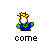 Pixelated character with yellow-orange hair, white face, blue shirt with red dots, green sleeves; text labels appear below on various backgrounds.