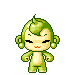 Pixel art character with green hair and body, light yellow face, blue eyes, red mouth; six distinct poses showing varied expressions and arm positions.