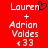 Red background displays white pixelated text 'Lauren + Adrian Valdes' with a heart symbol above Lauren on the left, and identical text without the heart on the right.