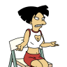Cartoon character with black hair sits on a chair, wearing a white tank top with red trim and red shorts, holding a chair arm with one hand and extending the other hand forward.