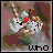 Pixelated cartoon character with red eyes and white hair plays electric guitar against a brown background, text changes below.