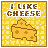 Pixel art cheese icon with text "I LIKE CHEESE" on yellow checkered background, three frames showing slight animation changes in cheese shape and border thickness.