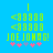 Pixelated green text and symbols on bright blue background with pink and purple star-like shapes below.