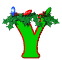 Green Y-shaped figure with red outline, holly leaves, and blue/red ornaments on top; animated sequence shows subtle movement of foliage.